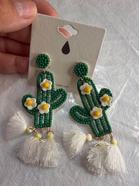 Beaded Green Cactus Tassel Statement Earrings
